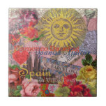 Spain Sunshine Spanish Travel Art Tile<br><div class="desc">This Spain Sun collage is all about visiting the beautiful country of Spain. Our Spanish collage incorporates antique ephemera showing beautiful vintage images - a Spanish-inspired antique sun face, Barcelona and Madrid tile signs, Spanish architecture, Spanish Flamenco dancing, a Spanish fan, as well as roses, lace, and a glass of...</div>