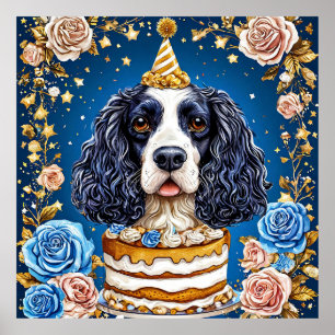 Spaniel Dog Celebrating Birthday with Cake Poster