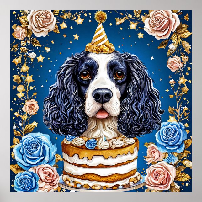 Spaniel Dog Celebrating Birthday with Cake Poster (Front)