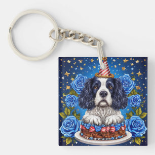 Spaniel Dog Celebrating Birthday With Festive Hat Keychain