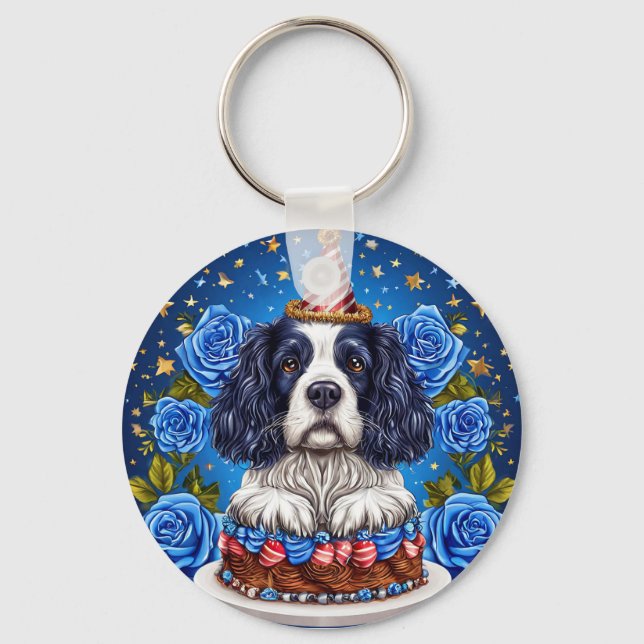 Spaniel Dog Celebrating Birthday With Festive Hat Keychain (Front)