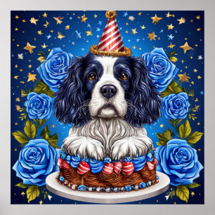 Spaniel Dog Celebrating Birthday With Festive Hat Poster