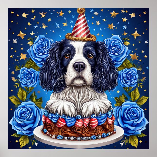 Spaniel Dog Celebrating Birthday With Festive Hat Poster (Front)