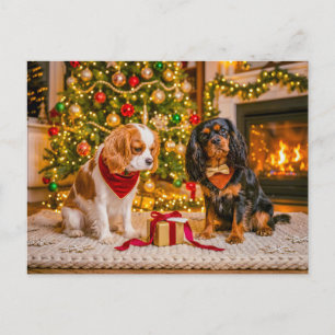Spaniel duo at cozy christmas tree postcard