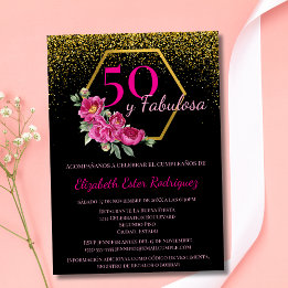Spanish 50 y Fabulosa Black Gold Pink Chic Floral Invitation