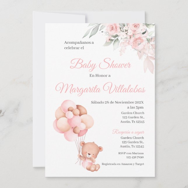 Spanish Baby Shower Invitation Pink Bear Girl (Front)
