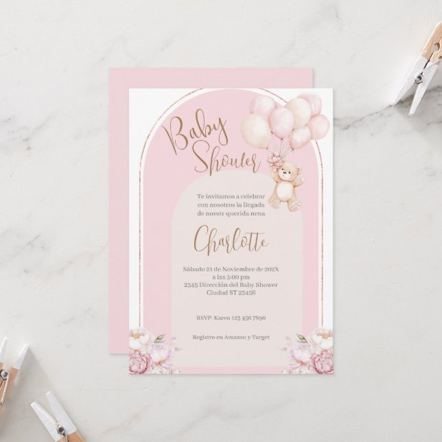Spanish Baby Shower Invitation Pink Bear Girl (Front/Back In Situ)