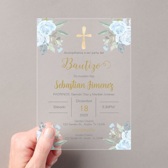 Spanish Baptism Boy Acrylic Invitations (Insitu (Handheld))