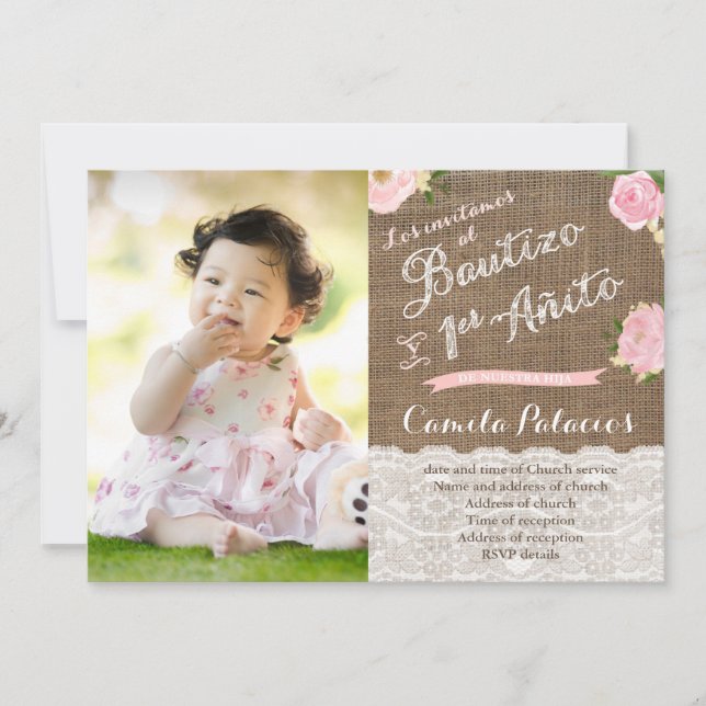 Spanish Bautizo Cumple Baptism 1st Birthday Photo Invitation (Front)