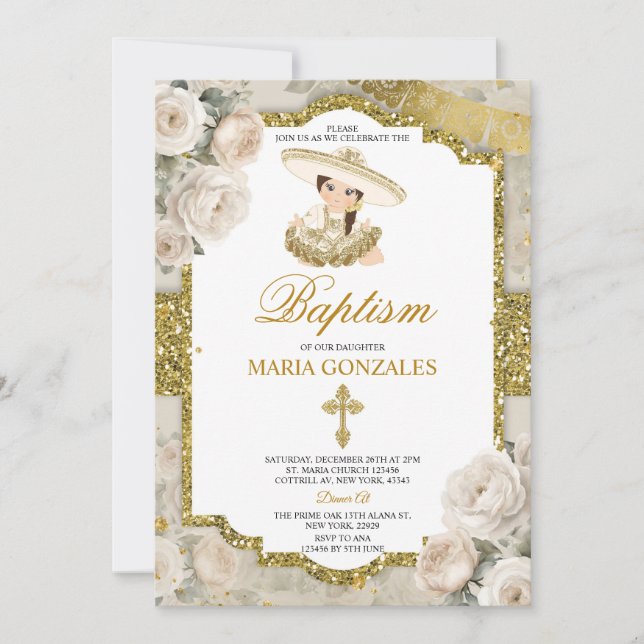 Spanish Bautizo Fiesta Cute Little Girl Baptism Invitation (Front)
