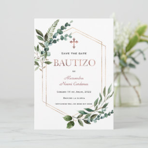 Spanish Bautizo Greenery Rose Gold Save The Date
