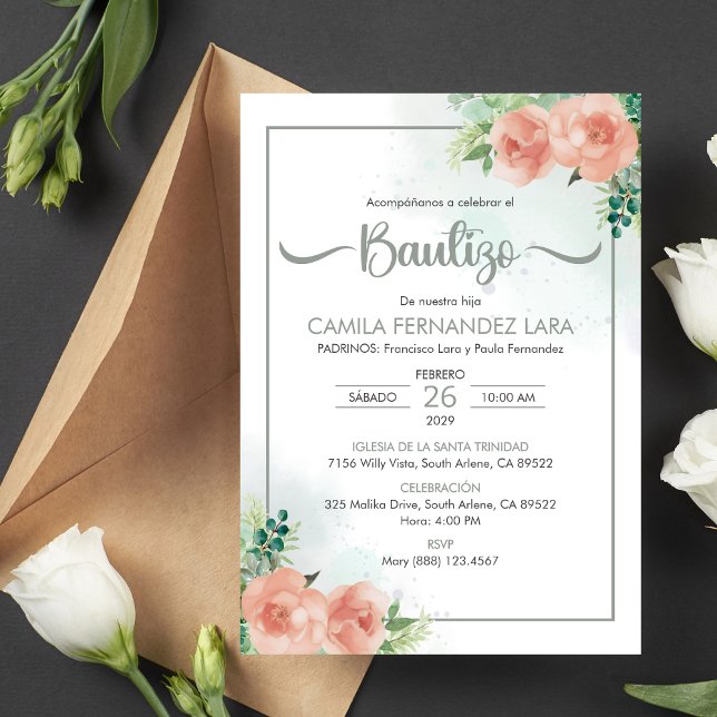 Spanish Bautizo Invitacion Pink Flowers Baptism Invitation (Creator Uploaded)
