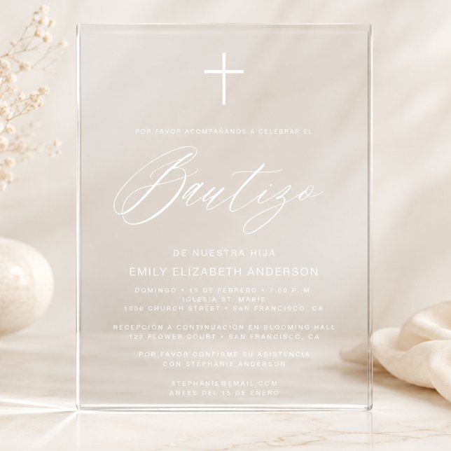Spanish Bautizo Script White Baptism Acrylic Invitations (Creator Uploaded)