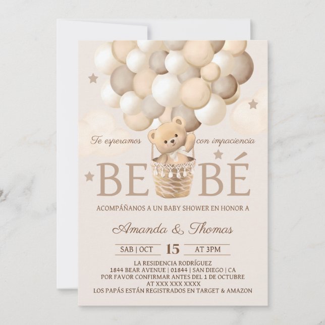 Spanish Bear Balloons Brown Baby Shower Invitation (Front)