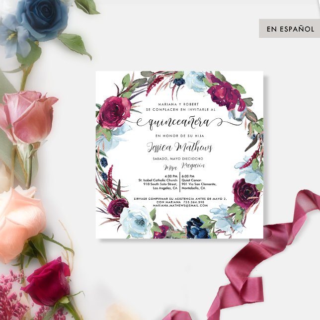 Spanish Berry, Burgundy Red Wreath Quinceañera Invitation (Creator Uploaded)