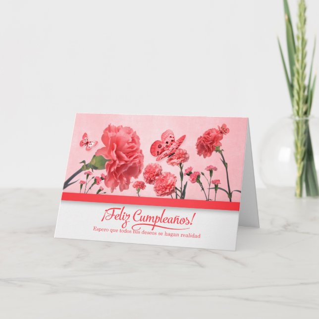 Spanish Birthday Feliz Cumpleanos Pink Carnation Card (Front)