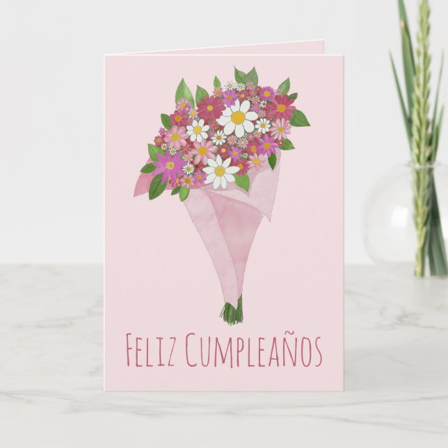 Spanish Birthday Pink bouquet of flowers Card (Front)
