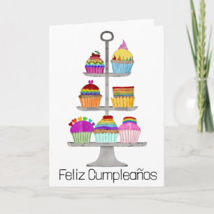 Spanish Birthday Rainbow colour cupcakes  Card