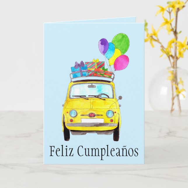 Spanish Birthday Retro Fiat 500 Card (Yellow Flower)