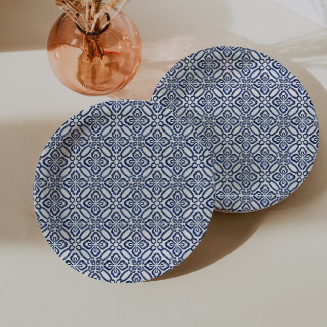 Spanish Blue And White Tiles Bridal Shower Brunch Paper Plate (Dark blue and white italian tile print paper plates for bridal shower or baby shower party)