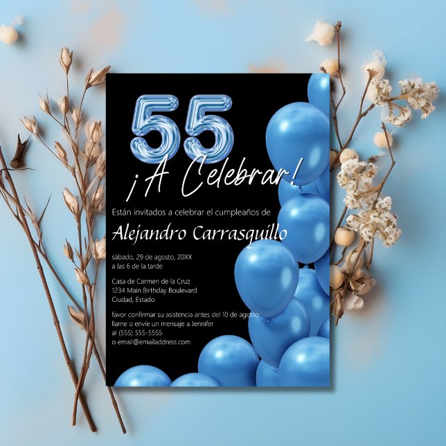 Spanish Blue Balloons Black Cute 55th Birthday Invitation (Creator Uploaded)
