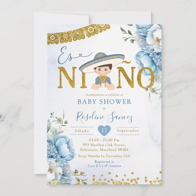 Spanish Blue Charro Boy Es niño Baby Shower Invitation (Front)