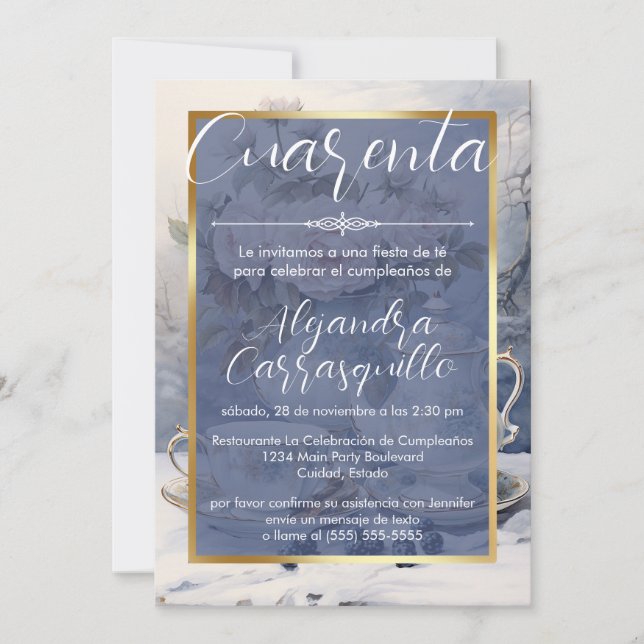 Spanish Blue Chic Pretty Tea Party 40th Birthday Invitation (Front)