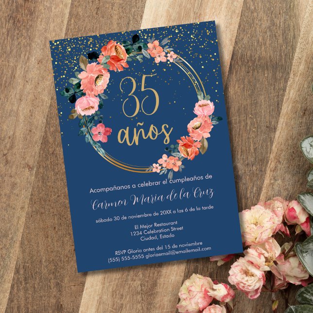 Spanish Blue Elegant Floral 35th Birthday Party Invitation (Creator Uploaded)