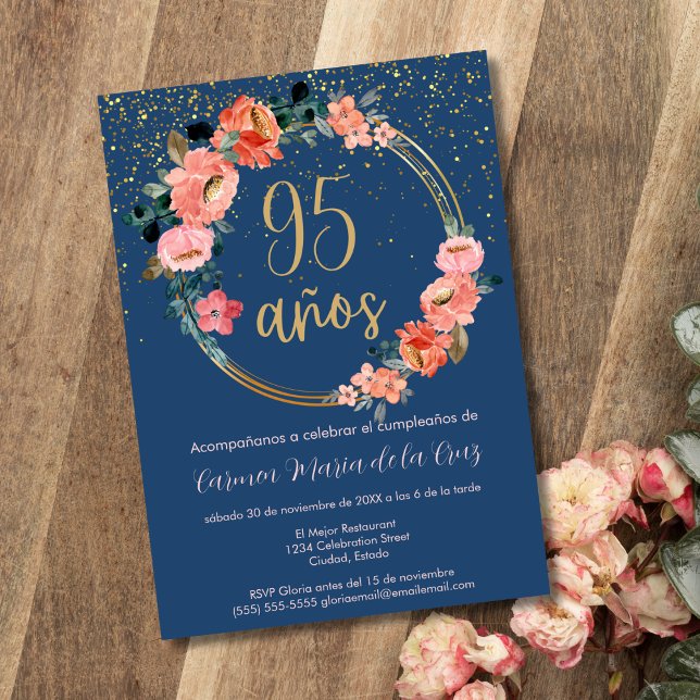 Spanish Blue Elegant Floral 95th Birthday Party Invitation (Creator Uploaded)