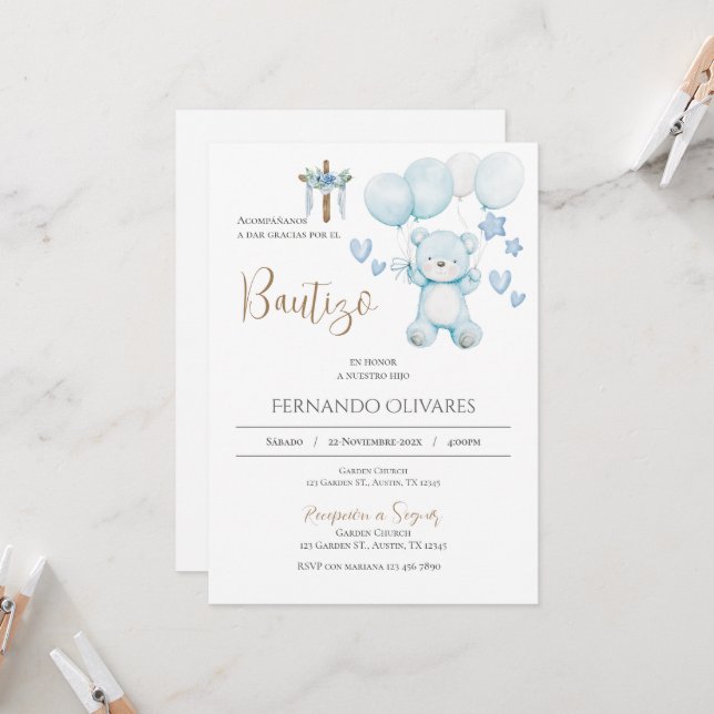 Spanish Blue Floral Baptism invitation (Front/Back In Situ)