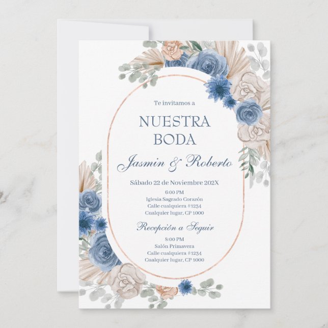 Spanish Blue Floral Wedding Invitation (Front)