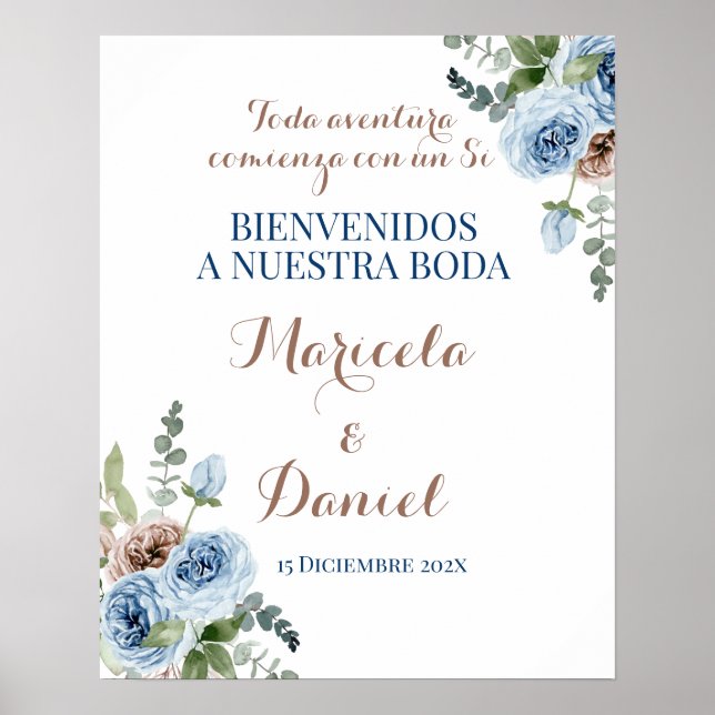 Spanish Blue floral Wedding Welcome sign (Front)