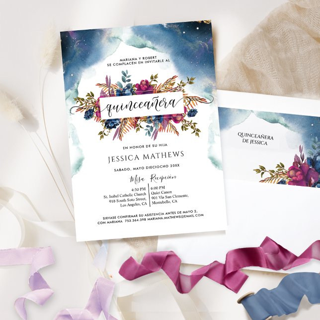 Spanish, Blue, Teal, Purple, Fuchsia Quinceañera Invitation (Creator Uploaded)