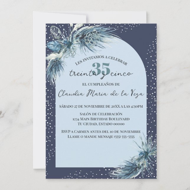 Spanish Blue Winter Florals 35th Birthday Party  Invitation (Front)