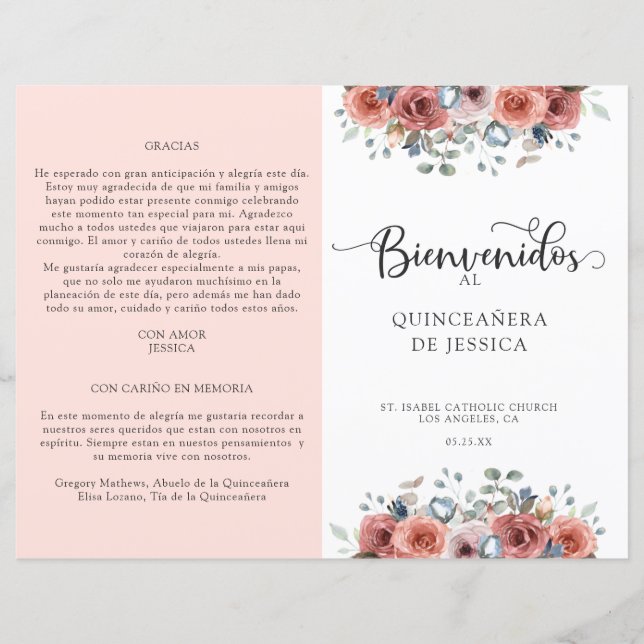 Spanish, Blush and Blue Floral Quinceanera Program (Front)