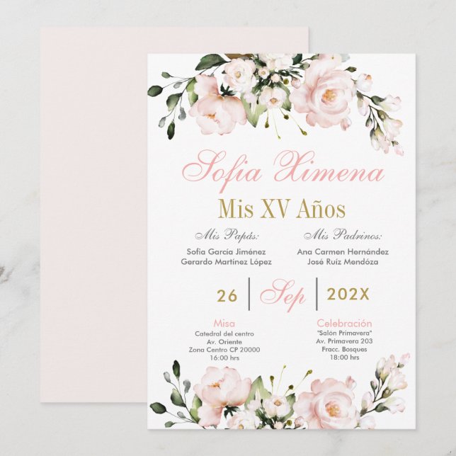 Spanish Blush Pink Floral Quinceanera Invitation (Front/Back)