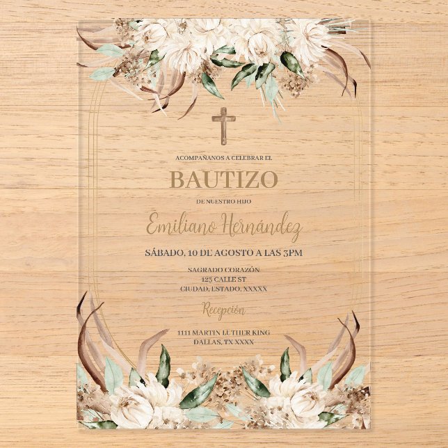 Spanish Boho Baptism Acrylic Floral Invitation (Front)