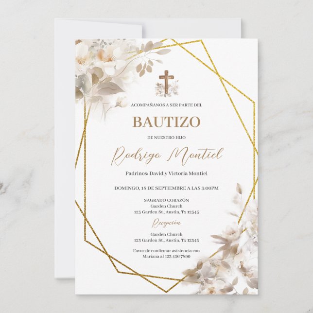 Spanish Boho Baptism Floral Invitation (Front)