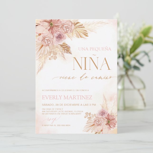 Spanish Boho Pampas Flowers Baby Shower for Girls Invitation (Standing Front)