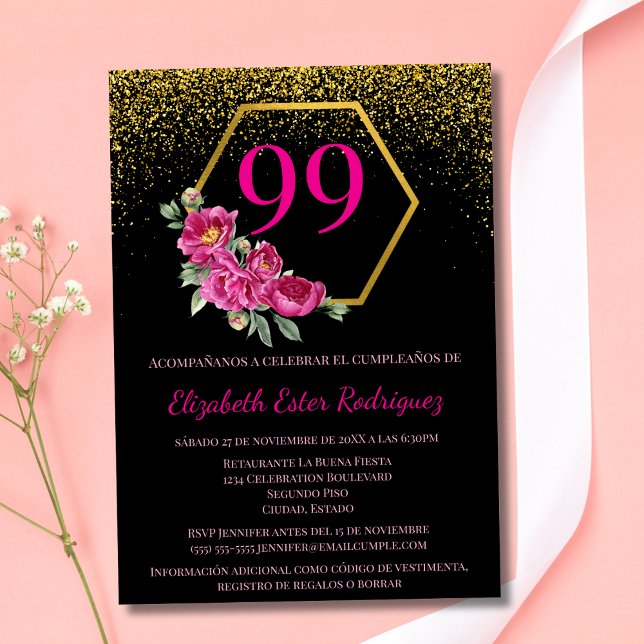 Spanish Bold Chic Black Gold & Pink 99th Birthday Invitation (Creator Uploaded)