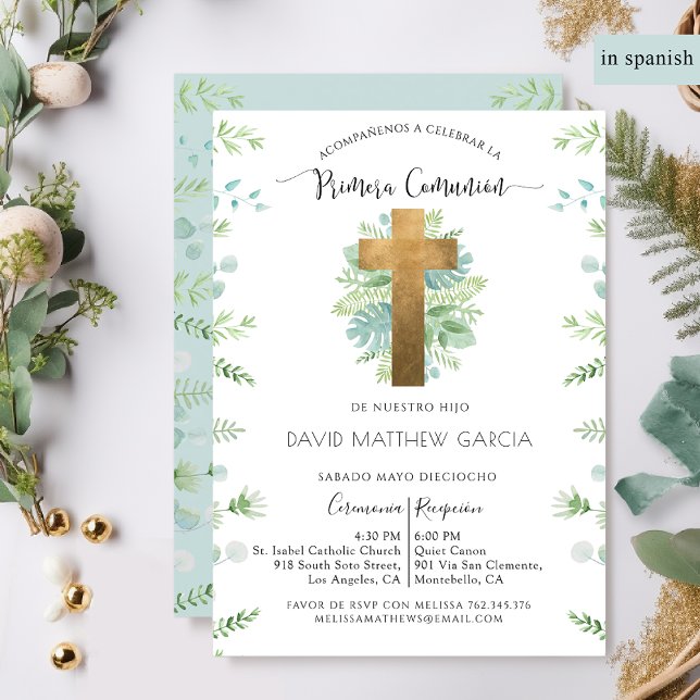 Spanish, Boy or Girl Greenery Blue First Communion Invitation (Creator Uploaded)