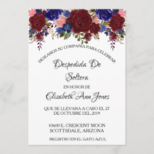 Spanish Bridal Shower Navy Burgundy Floral Invitation