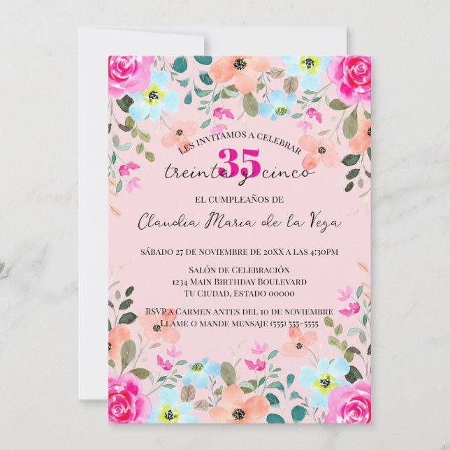 Spanish Bright Pink Floral 35th Birthday Party  Invitation (Front)