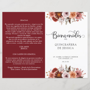 Spanish Burgundy Blush Floral Quinceanera Program