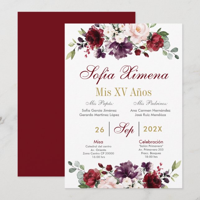 Spanish Burgundy Floral Quinceanera Invitation (Front/Back)