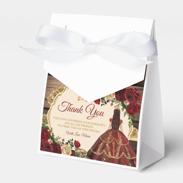 Spanish Burgundy Floral Rustic Wood Mis Quince Favor Box (Front Side)