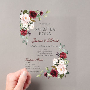 Spanish Burgundy Floral Wedding Acrylic Invitations