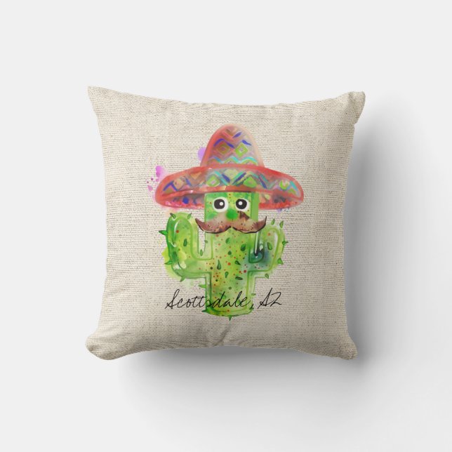 Spanish Cactus Moustache Hat Fiesta Text Artisan Throw Pillow (Front)
