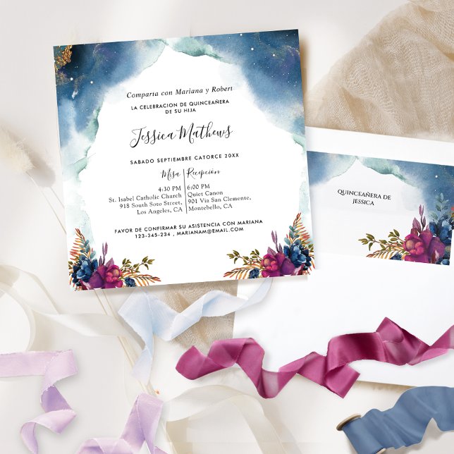 Spanish, Celestial Quinceañera, Blue Purple, Teal Invitation (Creator Uploaded)