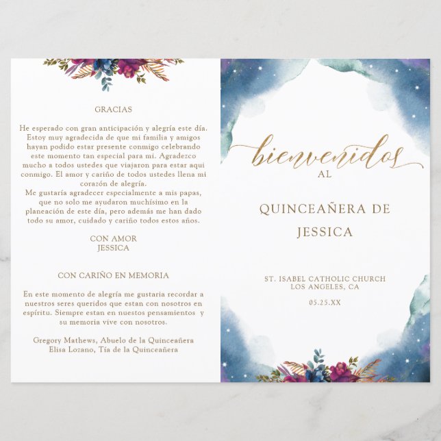 Spanish Celestial Starry Quinceañera Fold Program (Front)